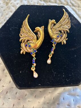 Antiqued Gold Swan Earrings with Multicolor Stones-NWT